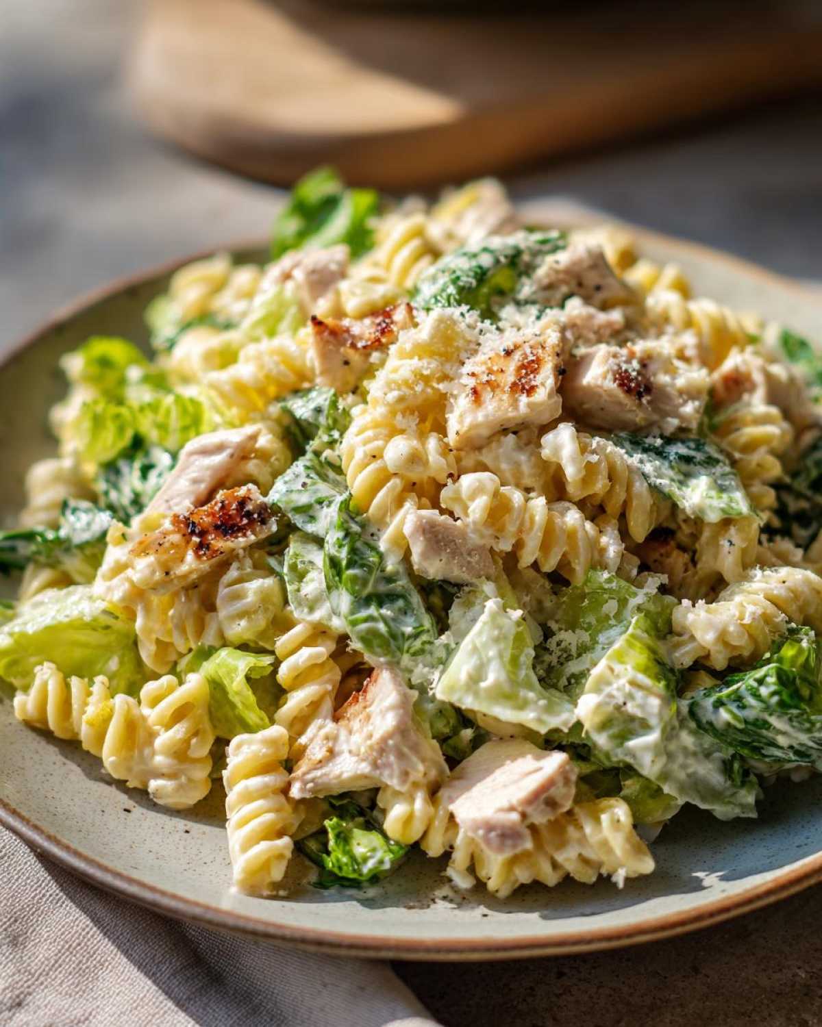 Close-up of creamy chicken caesar pasta salad featuring fusilli pasta, grilled chicken pieces, and romaine lettuce.