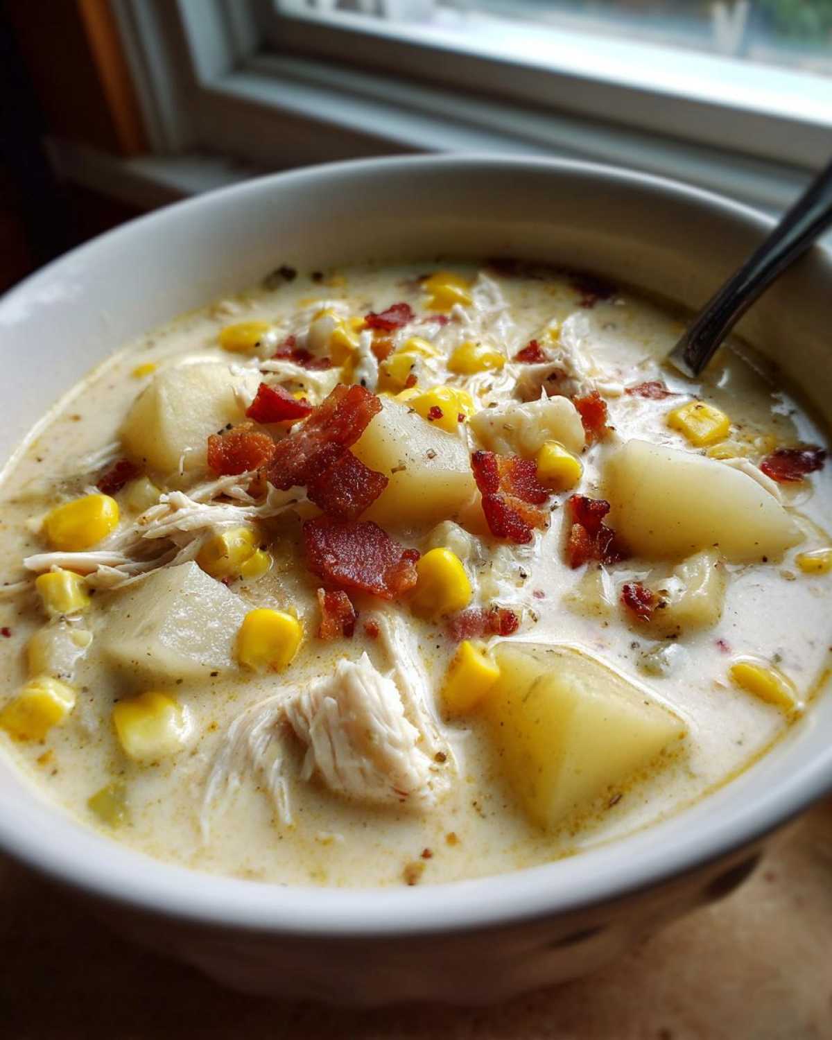 Close-up of a creamy bowl of chicken corn chowder topped with potatoes, corn, and crispy bacon bits.