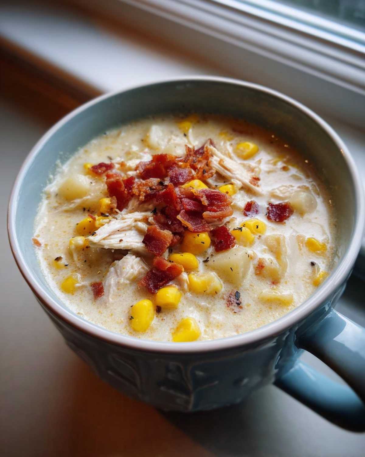 A close-up of a bowl of creamy chicken corn chowder topped with shredded chicken, corn, and crispy bacon bits.