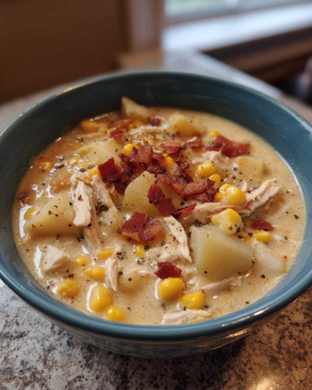 A close-up of a creamy bowl of chicken corn chowder topped with bacon bits and black pepper.