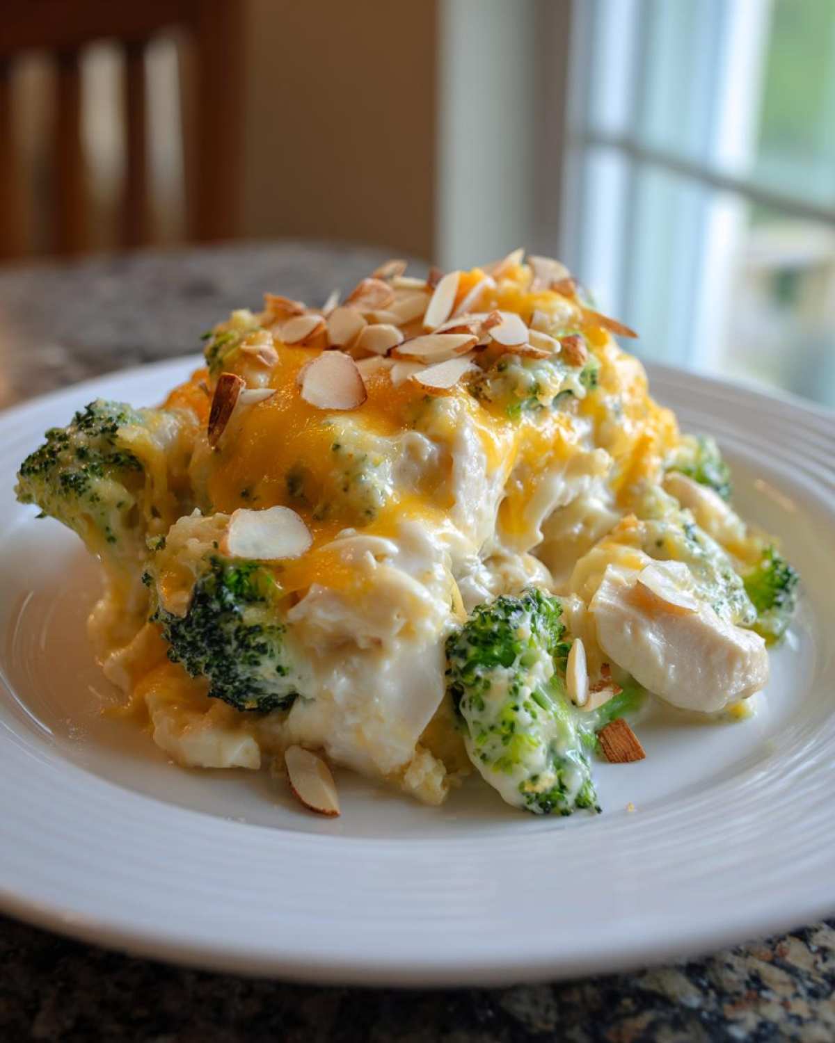 A serving of creamy Chicken Divan, featuring chunks of chicken and broccoli florets topped with melted cheddar cheese and slivered almonds.