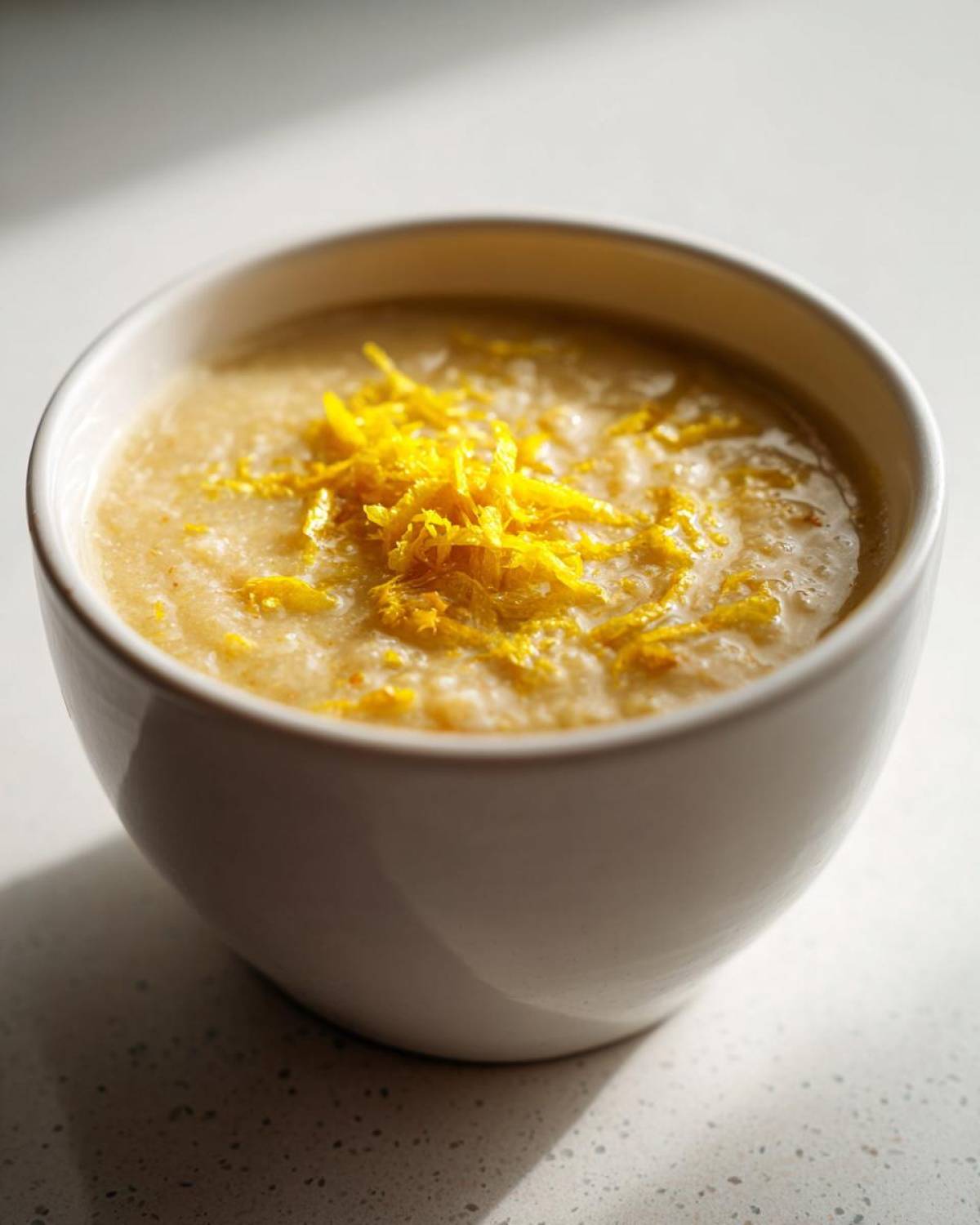 Close-up of creamy chickpea soup in a white bowl, garnished brightly with yellow lemon zest.