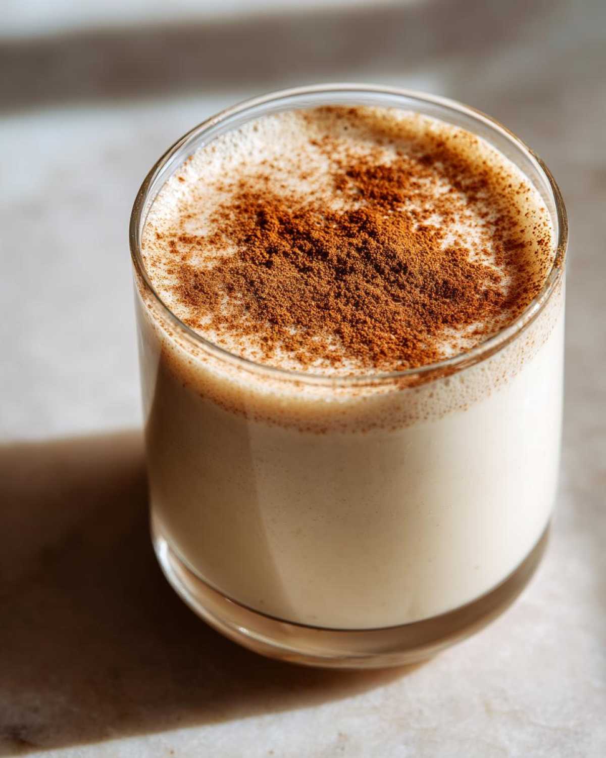 Close-up of a glass filled with creamy coquito, garnished generously with ground cinnamon on top.