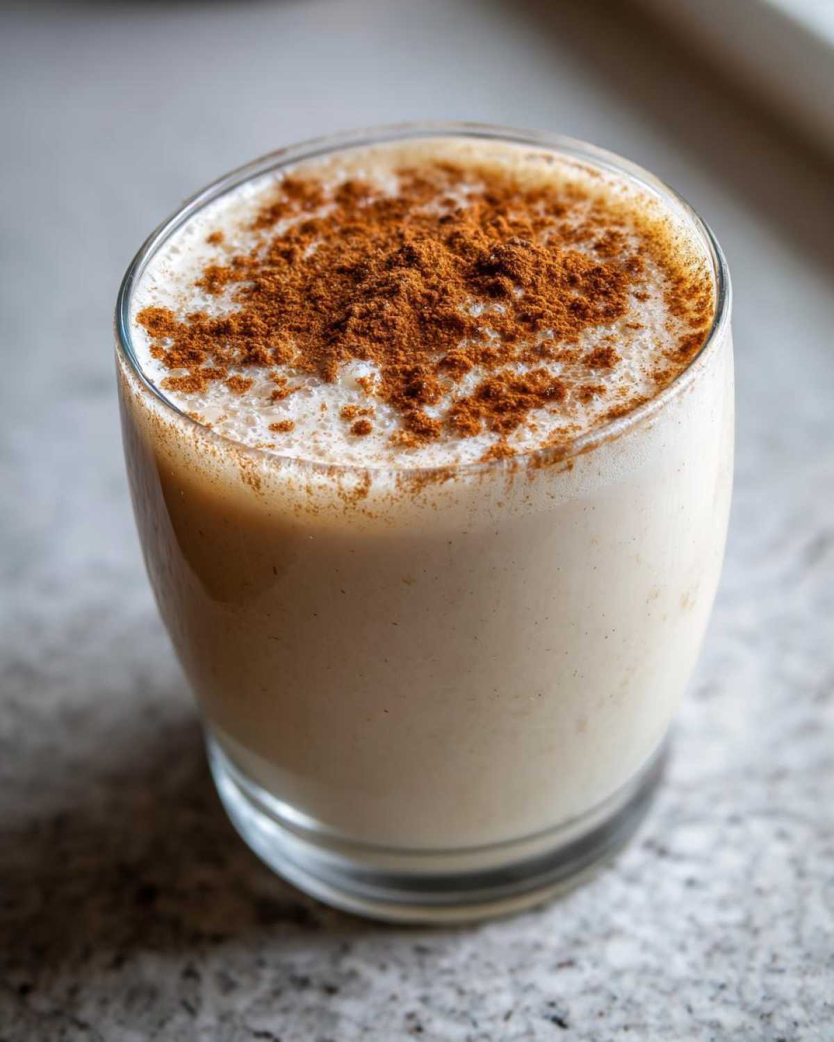 Close-up of a creamy glass of homemade coquito topped generously with ground cinnamon.