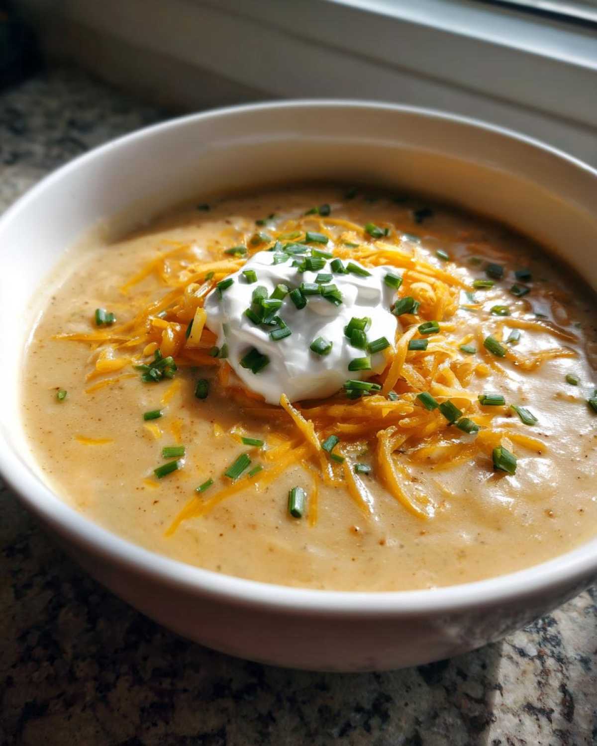 A close-up of creamy easy crockpot potato soup garnished with shredded cheddar cheese, sour cream, and fresh chives.