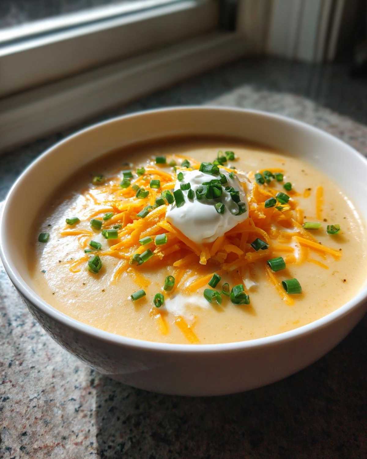 A bowl of creamy easy crockpot potato soup topped with shredded cheddar cheese, sour cream, and chopped chives.