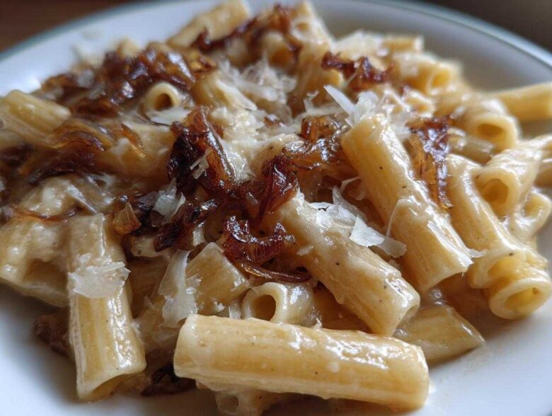 Close-up of creamy french onion pasta topped with caramelized onions and shaved Parmesan cheese.