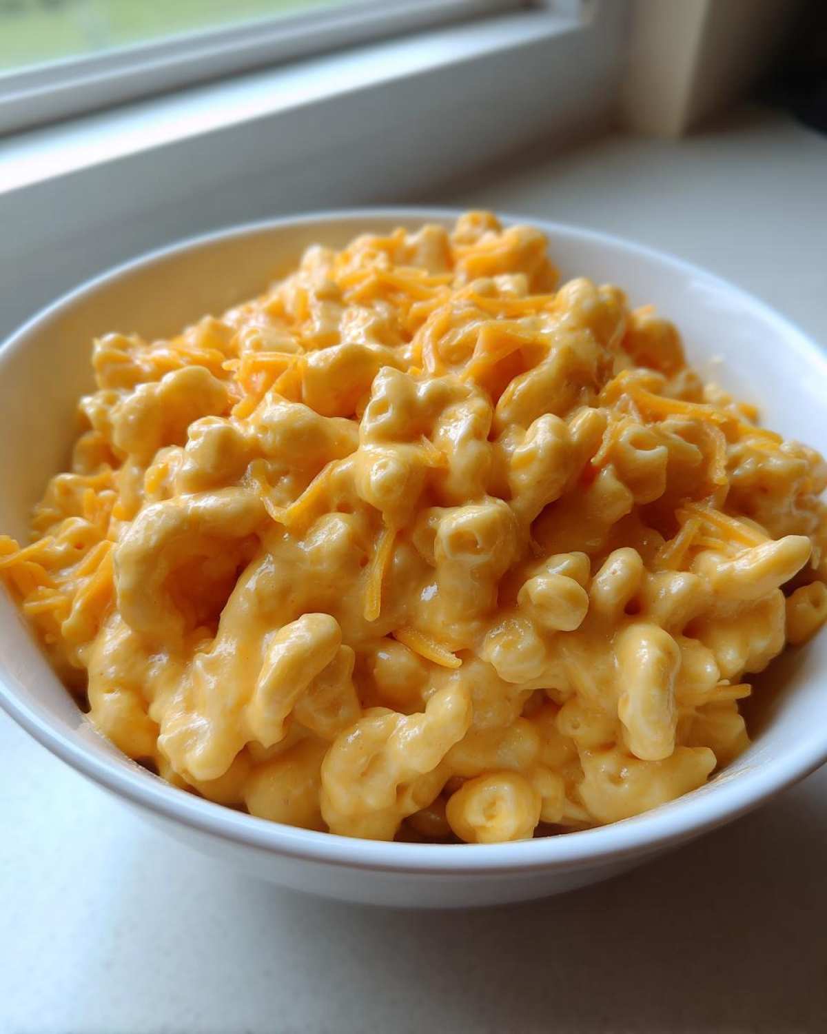 Close-up of creamy macaroni and cheese topped with shredded cheddar, ready to be enhanced with beer cheese.