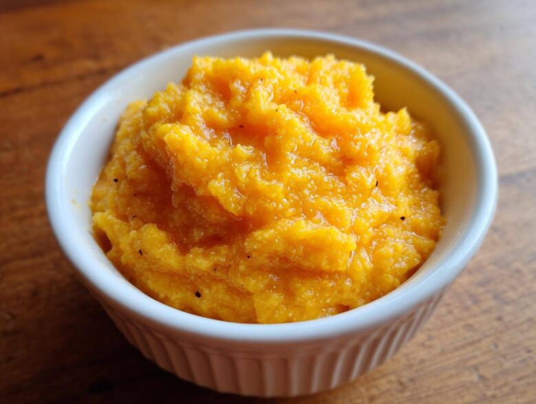 Close-up of rich, creamy, orange-colored cheese grits served in a small white fluted ramekin on a wooden surface.