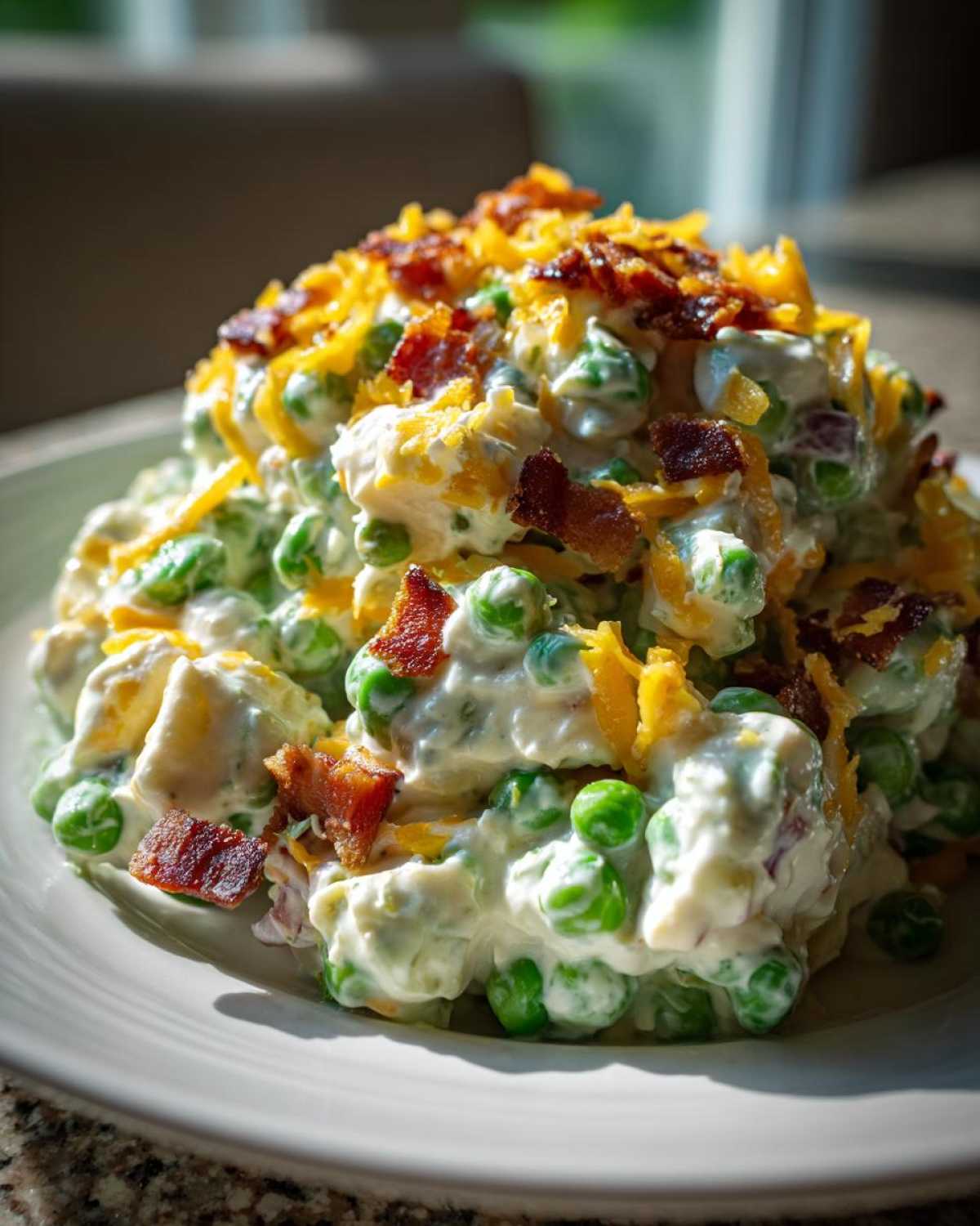 A mound of creamy pea salad mixed with a white dressing, topped generously with shredded cheddar cheese and crispy bacon bits.