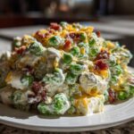 A mound of creamy pea salad mixed with bacon bits and shredded cheddar cheese served on a white plate.