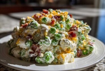 A mound of creamy pea salad mixed with bacon bits and shredded cheddar cheese served on a white plate.