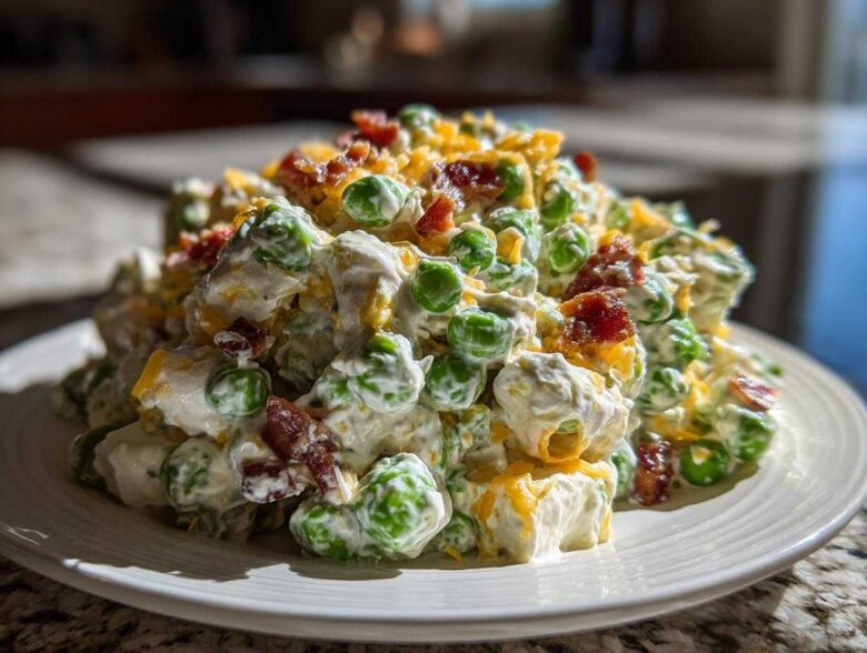 A mound of creamy pea salad mixed with bacon bits and shredded cheddar cheese served on a white plate.