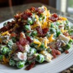 Close-up of a serving of creamy pea salad mixed with dressing, topped generously with crumbled bacon and shredded cheddar cheese.