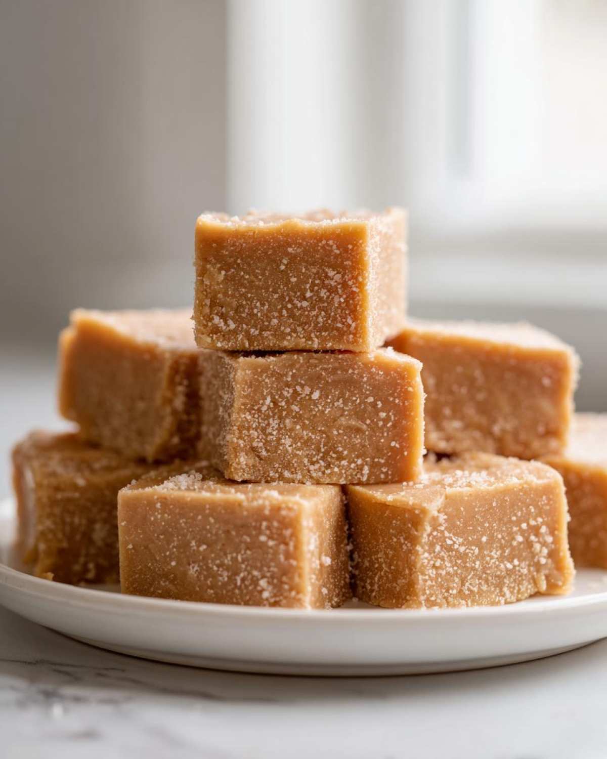 A stack of creamy, light brown peanut butter fudge squares sprinkled with sugar on a white plate.