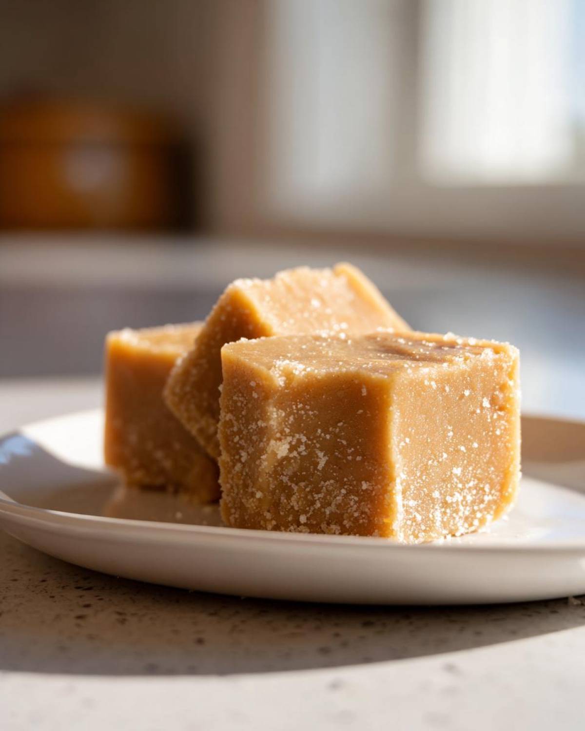 Three squares of creamy peanut butter fudge dusted with sugar resting on a white plate.