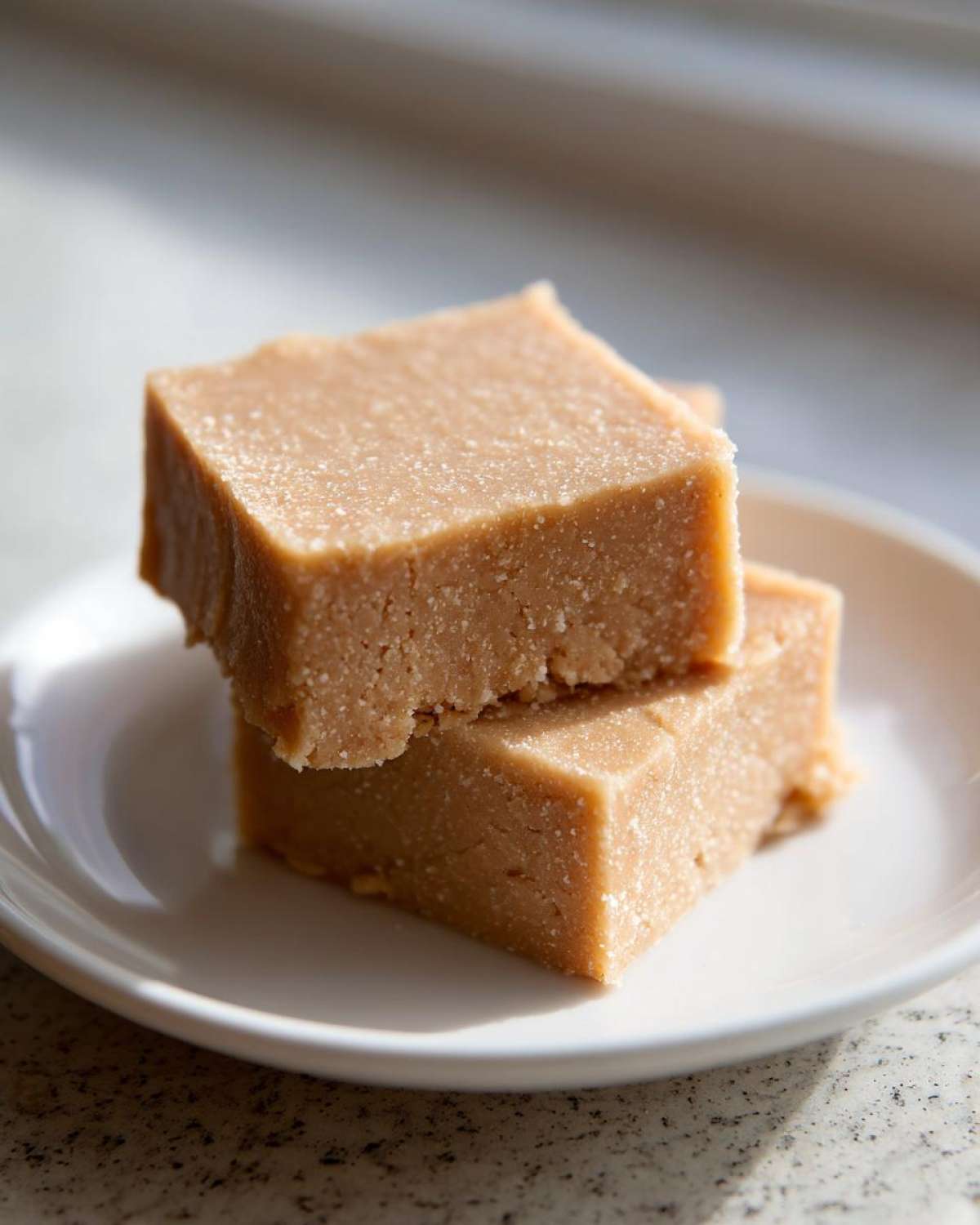 Two stacked squares of creamy peanut butter fudge resting on a small white plate, highlighted by natural light.