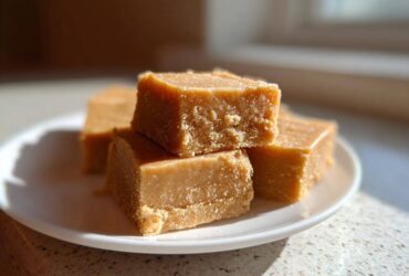 Close-up of creamy peanut butter fudge squares stacked on a small white plate, catching bright sunlight.