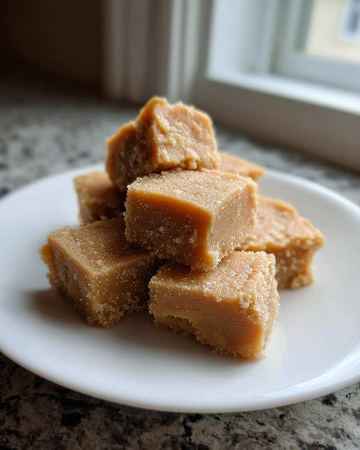 A stack of creamy peanut butter fudge squares dusted with sugar, served on a white plate.