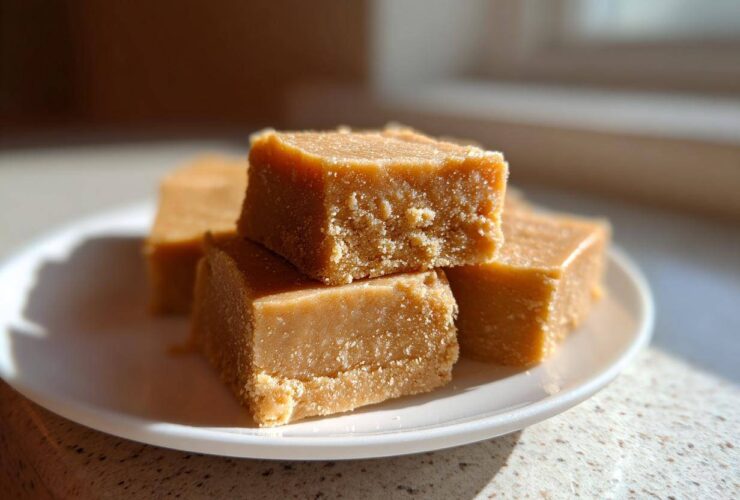Close-up of creamy peanut butter fudge squares stacked on a small white plate, catching bright sunlight.
