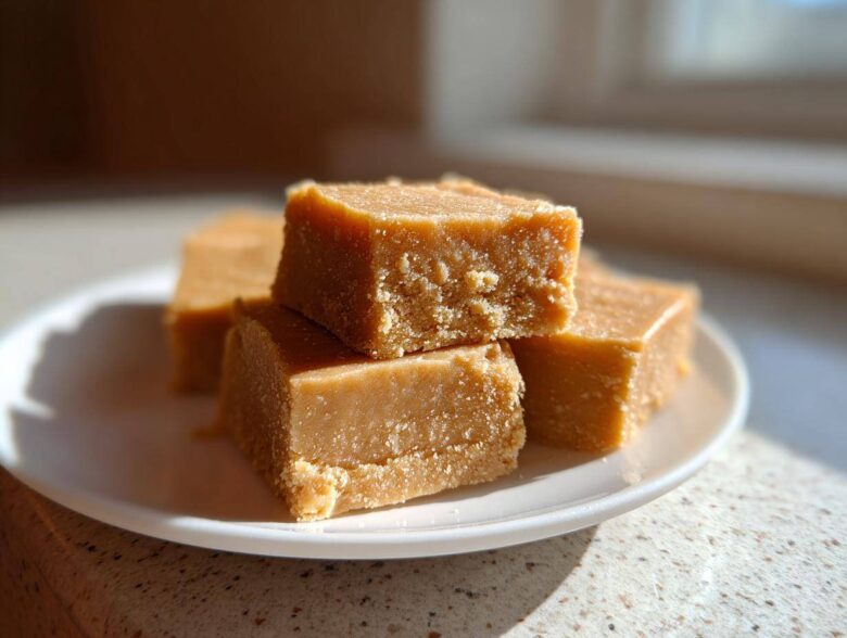 Close-up of creamy peanut butter fudge squares stacked on a small white plate, catching bright sunlight.