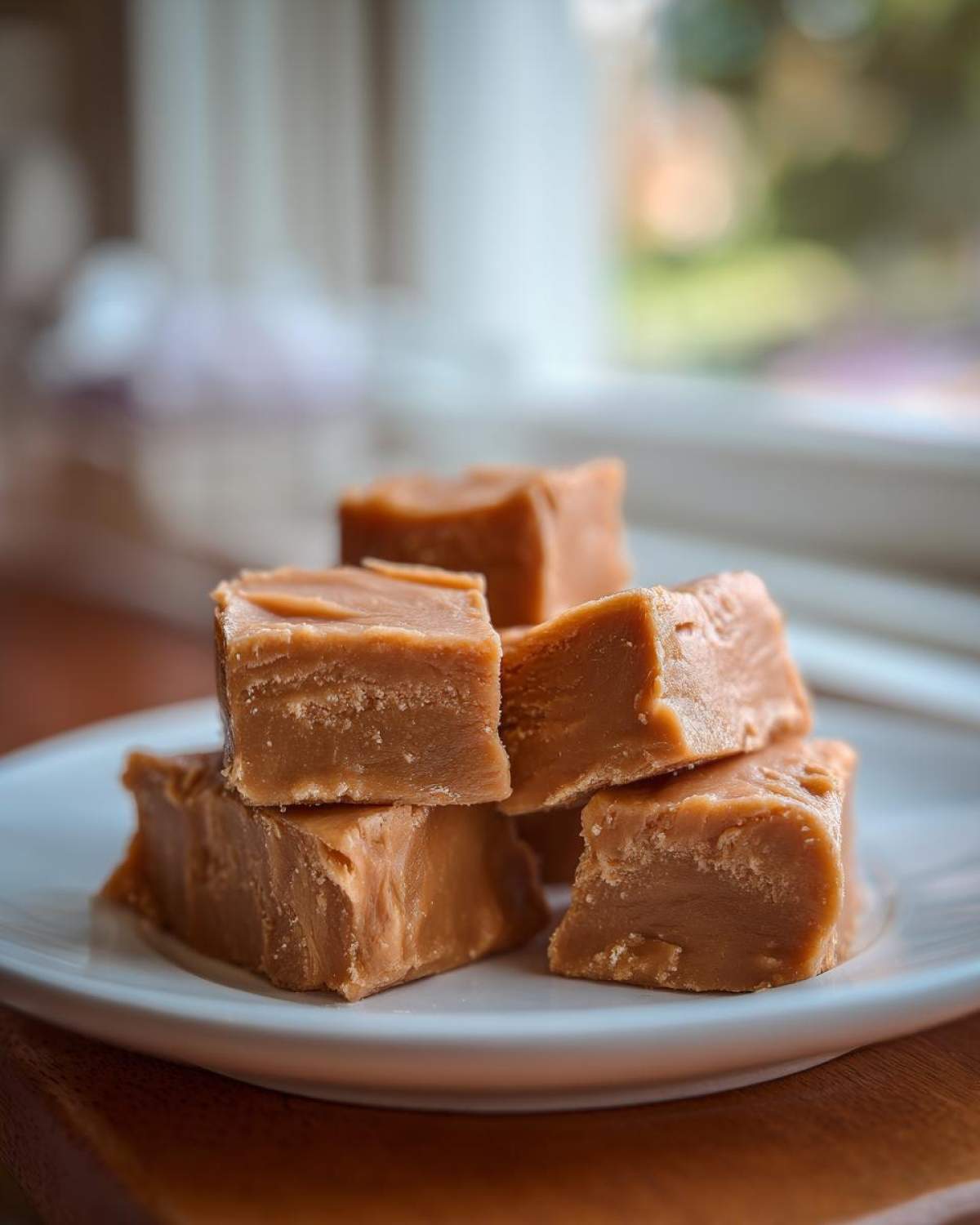 A stack of rich, light brown squares of homemade penuche fudge resting on a white plate.