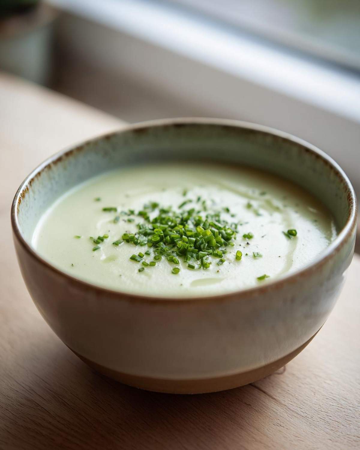 A close-up of creamy potato leek soup in a rustic bowl, garnished generously with chopped fresh chives.
