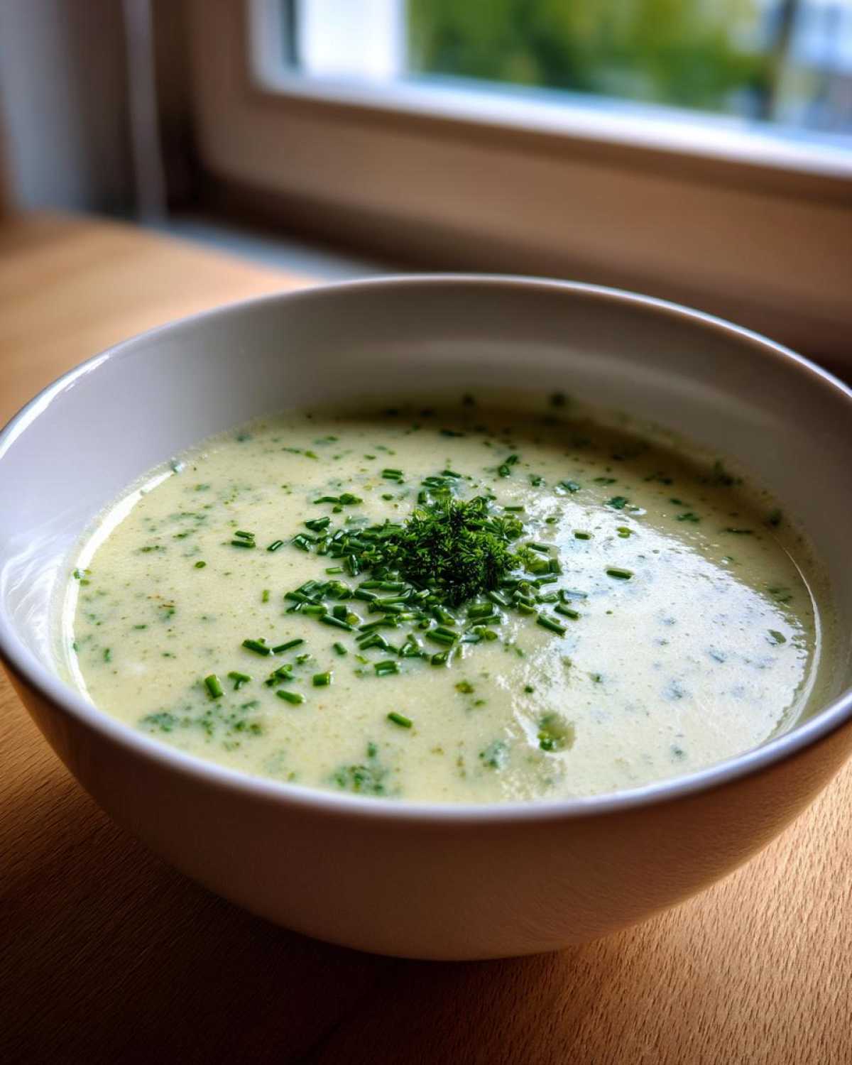 Close-up of a bowl of creamy potato leek soup garnished generously with freshly chopped chives.