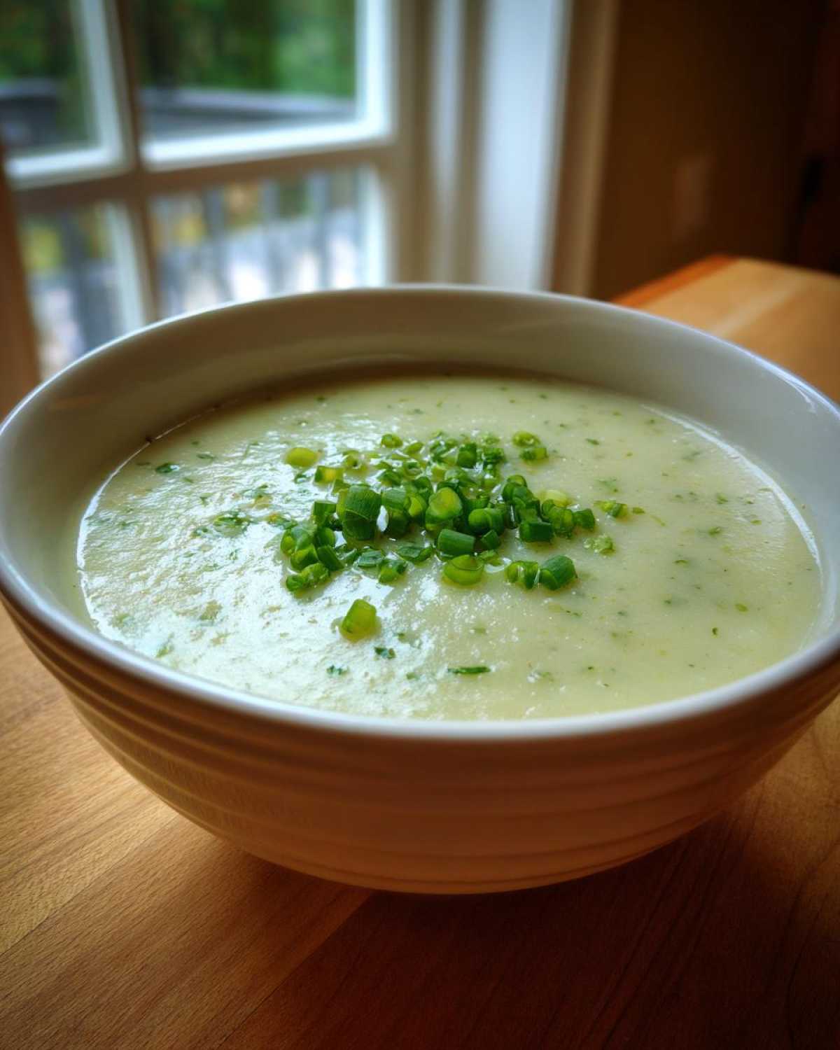 A close-up view of a bowl of creamy potato leek soup garnished with fresh chopped green chives.