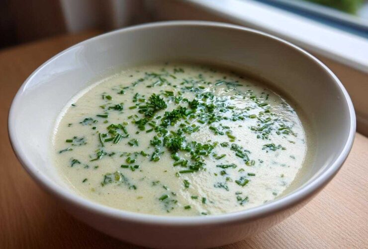 A close-up of a bowl of creamy potato leek soup garnished generously with fresh chopped chives.
