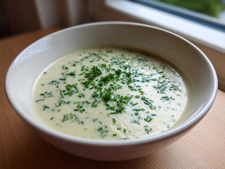 A close-up of a bowl of creamy potato leek soup garnished generously with fresh chopped chives.