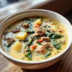 Close-up of a hearty bowl of creamy sausage potato soup, featuring chunks of potato, sausage, and wilted spinach.