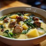 Close-up of a creamy bowl of sausage potato soup featuring chunks of potato, browned sausage pieces, and wilted spinach.