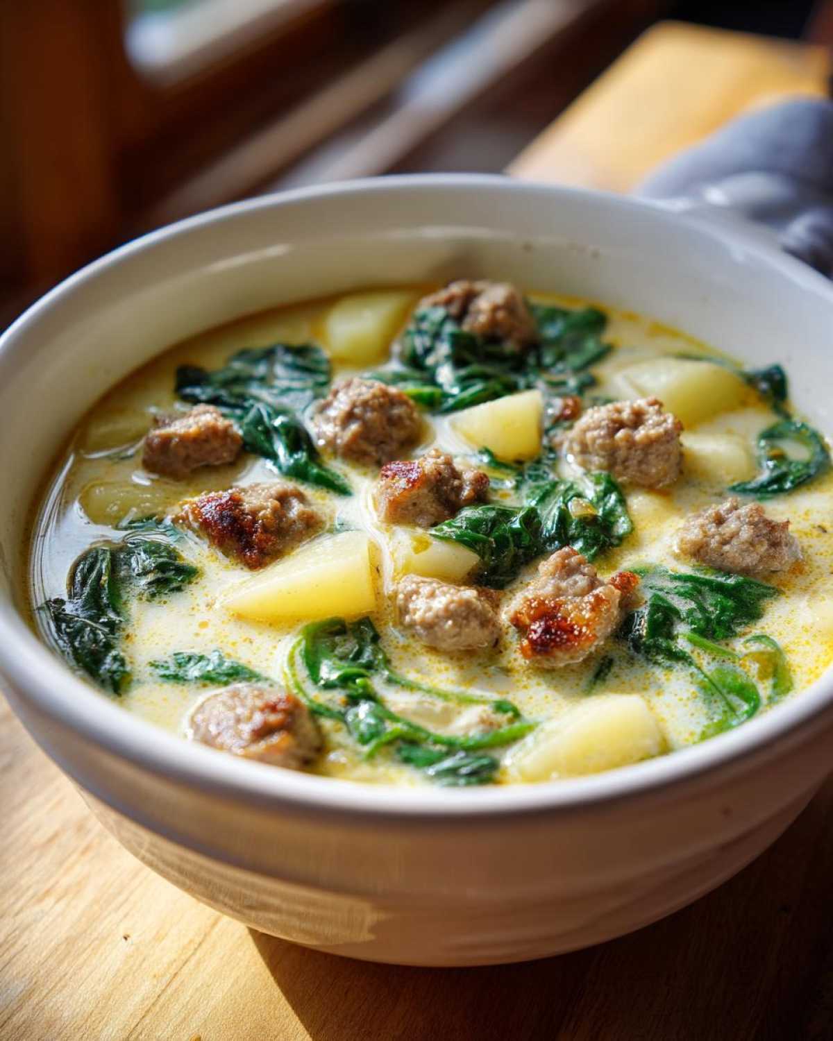 Close-up of a creamy bowl of sausage potato soup featuring browned sausage crumbles and wilted spinach.