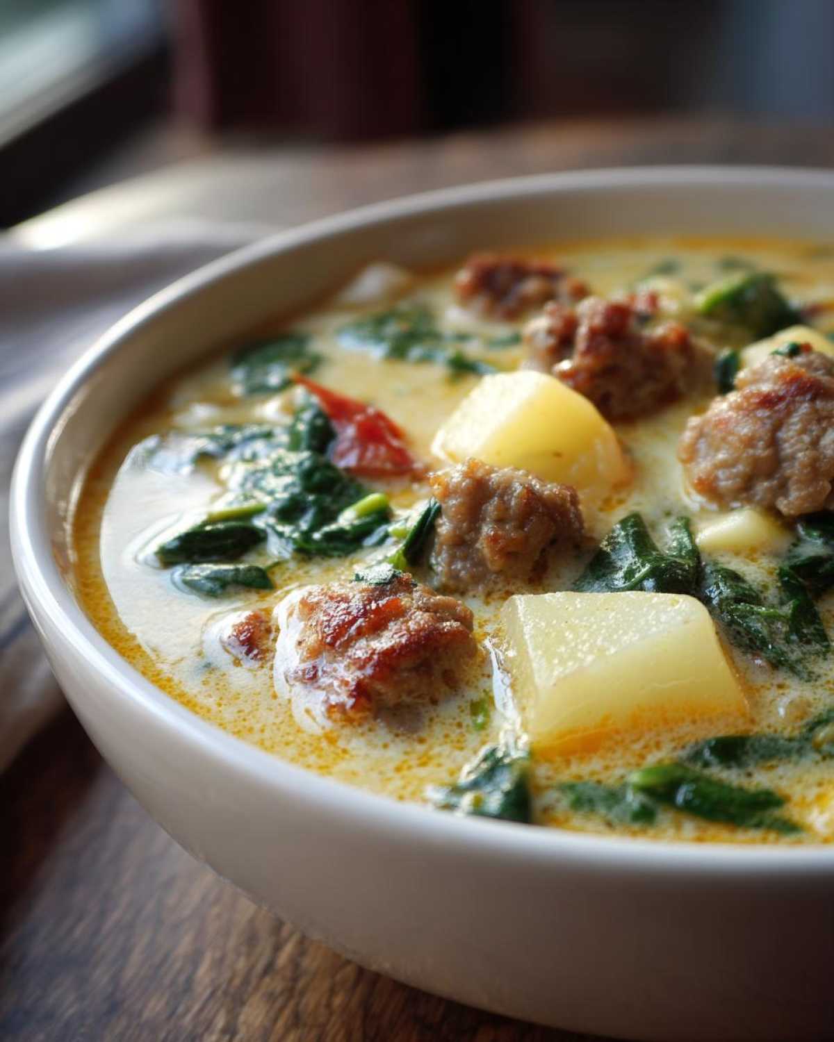 Close-up of a hearty bowl of creamy sausage potato soup featuring chunks of browned sausage and potatoes.
