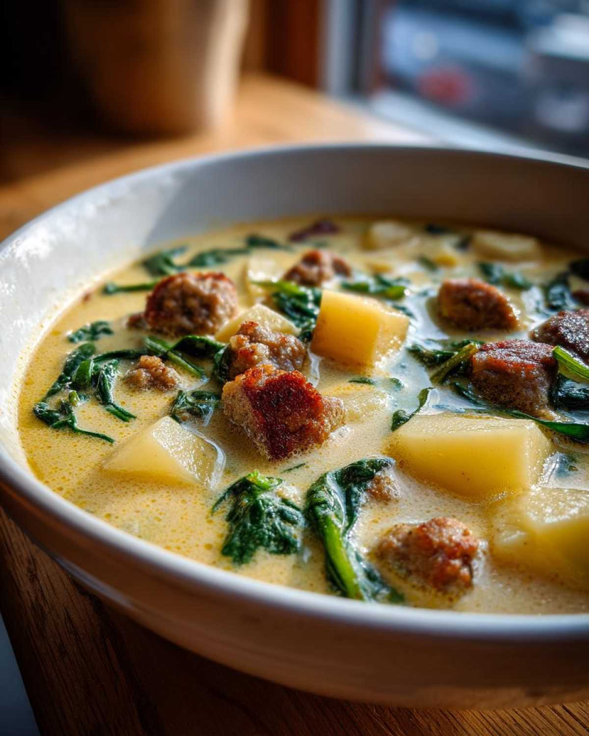 Close-up of a creamy sausage potato soup with chunks of potato, browned sausage, and wilted spinach.