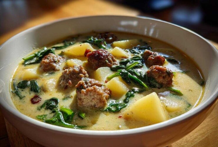 Close-up of a creamy bowl of sausage potato soup featuring chunks of potato, browned sausage pieces, and wilted spinach.