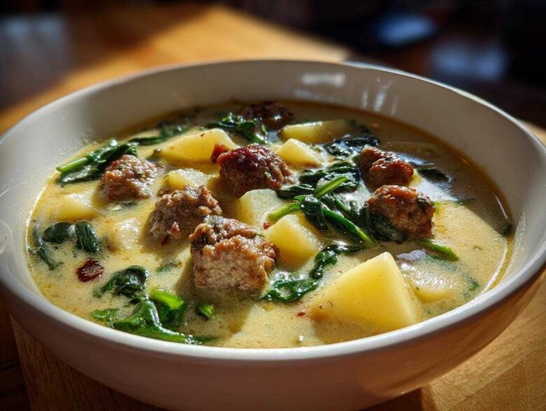 Close-up of a creamy bowl of sausage potato soup featuring chunks of potato, browned sausage pieces, and wilted spinach.