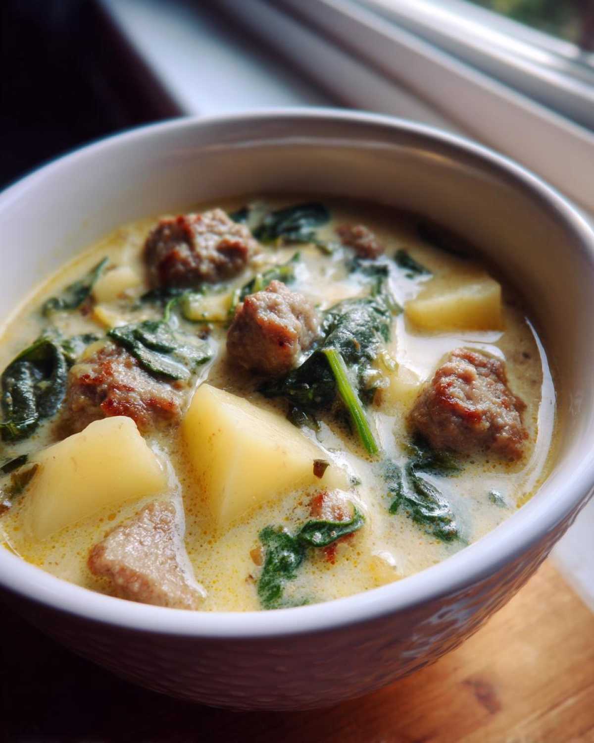 Close-up of a hearty bowl of creamy sausage potato soup featuring chunks of potato, sausage meatballs, and wilted spinach.