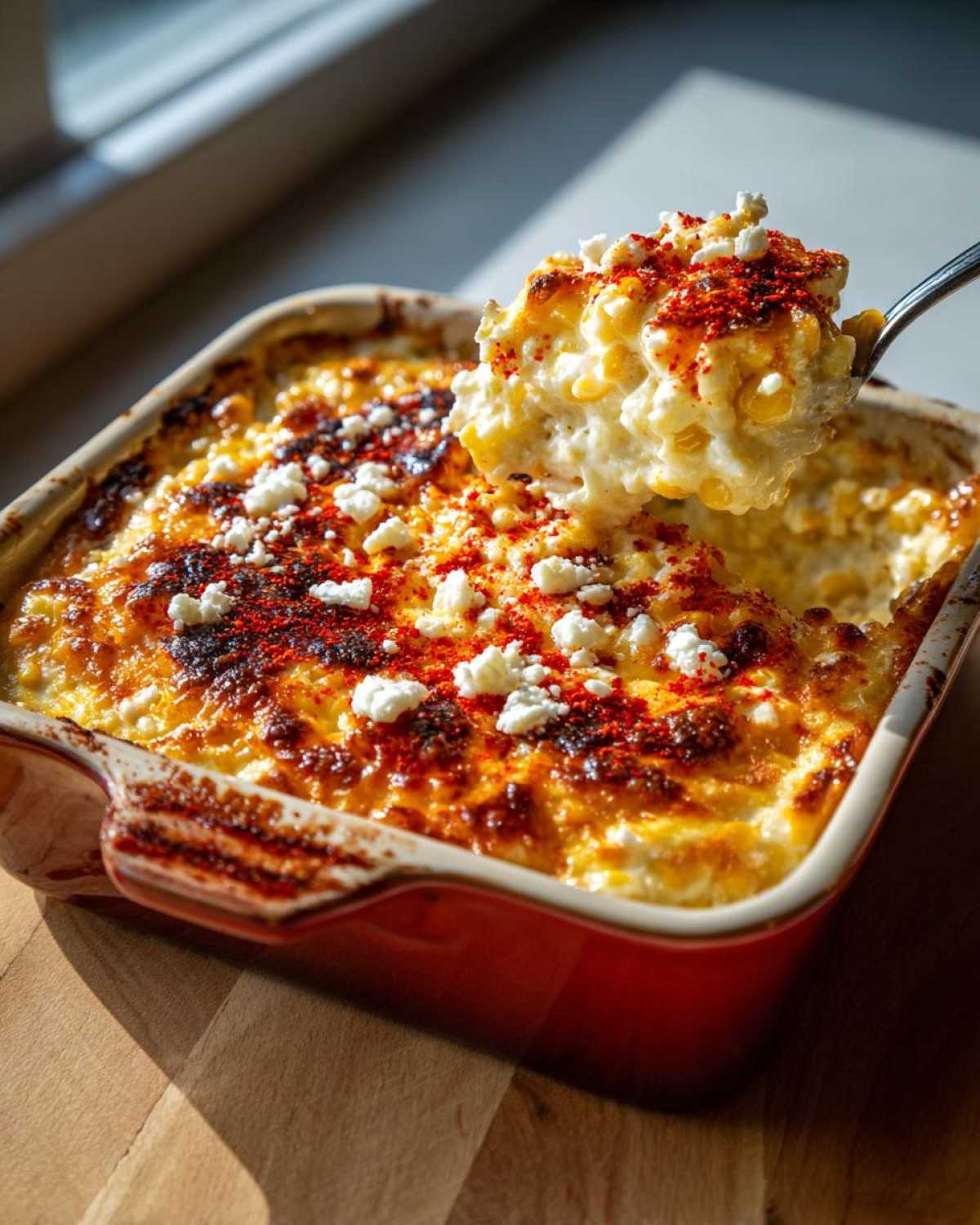 A spoonful of creamy, baked street corn dip topped with cotija cheese and chili powder being lifted from a red baking dish.