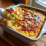 A spoonful of hot, cheesy street corn dip being lifted from a white baking dish, topped with cotija cheese.