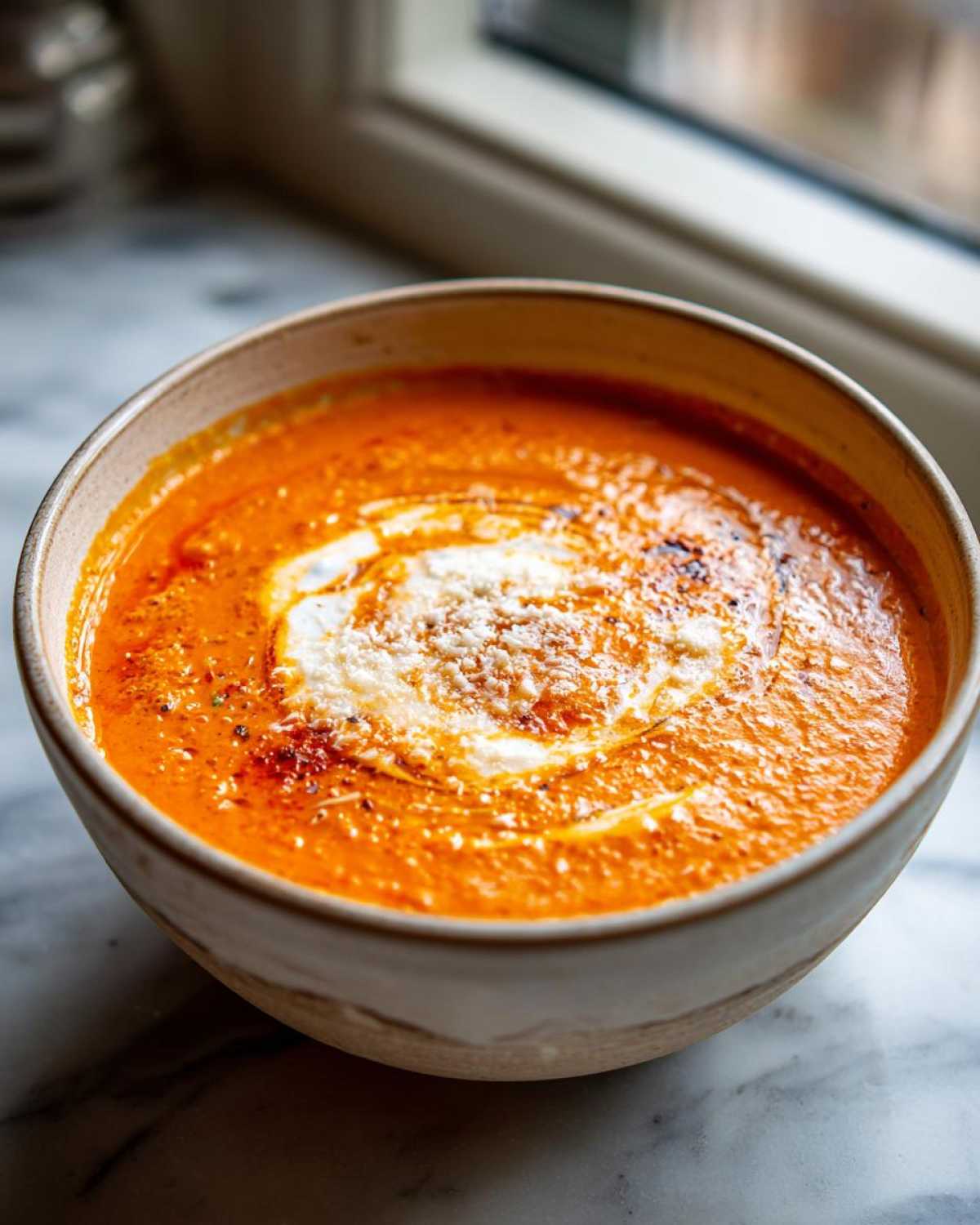 Close-up of a bowl of vibrant orange tomato basil soup topped with a swirl of cream and grated Parmesan cheese.