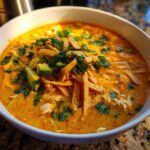 A close-up of a bowl of creamy, orange-hued tortilla soup topped with shredded cheese, avocado, cilantro, and tortilla strips.