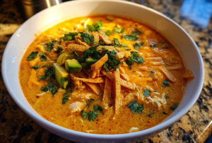 A close-up of a bowl of creamy, orange-hued tortilla soup topped with shredded cheese, avocado, cilantro, and tortilla strips.