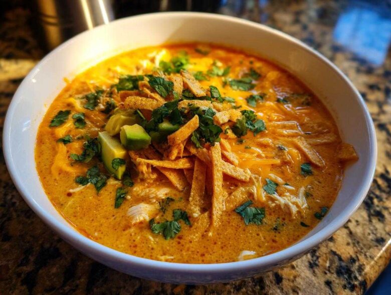 A close-up of a bowl of creamy, orange-hued tortilla soup topped with shredded cheese, avocado, cilantro, and tortilla strips.