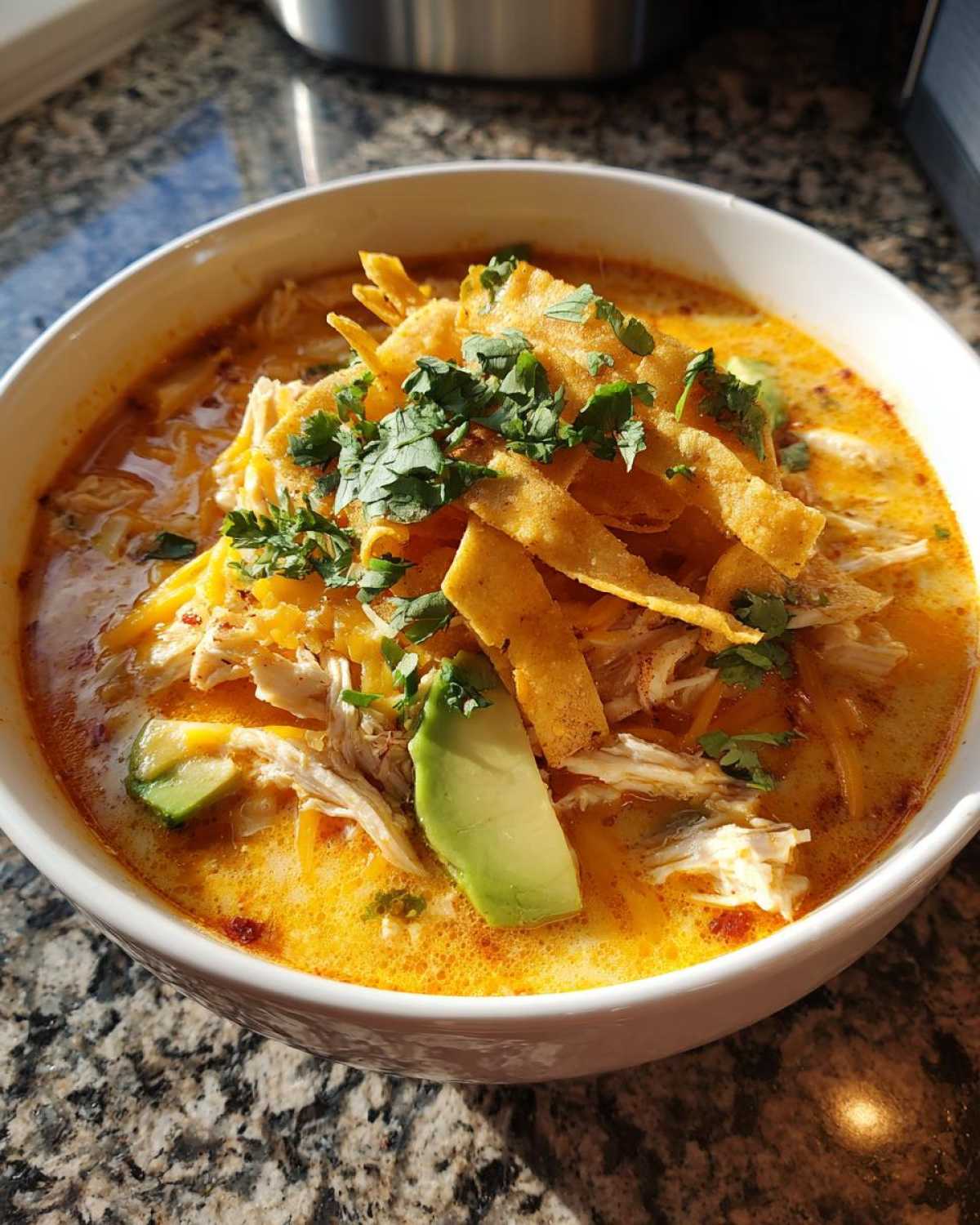 A close-up of a bowl of creamy tortilla soup filled with shredded chicken, cheese, avocado slices, and crispy tortilla strips.