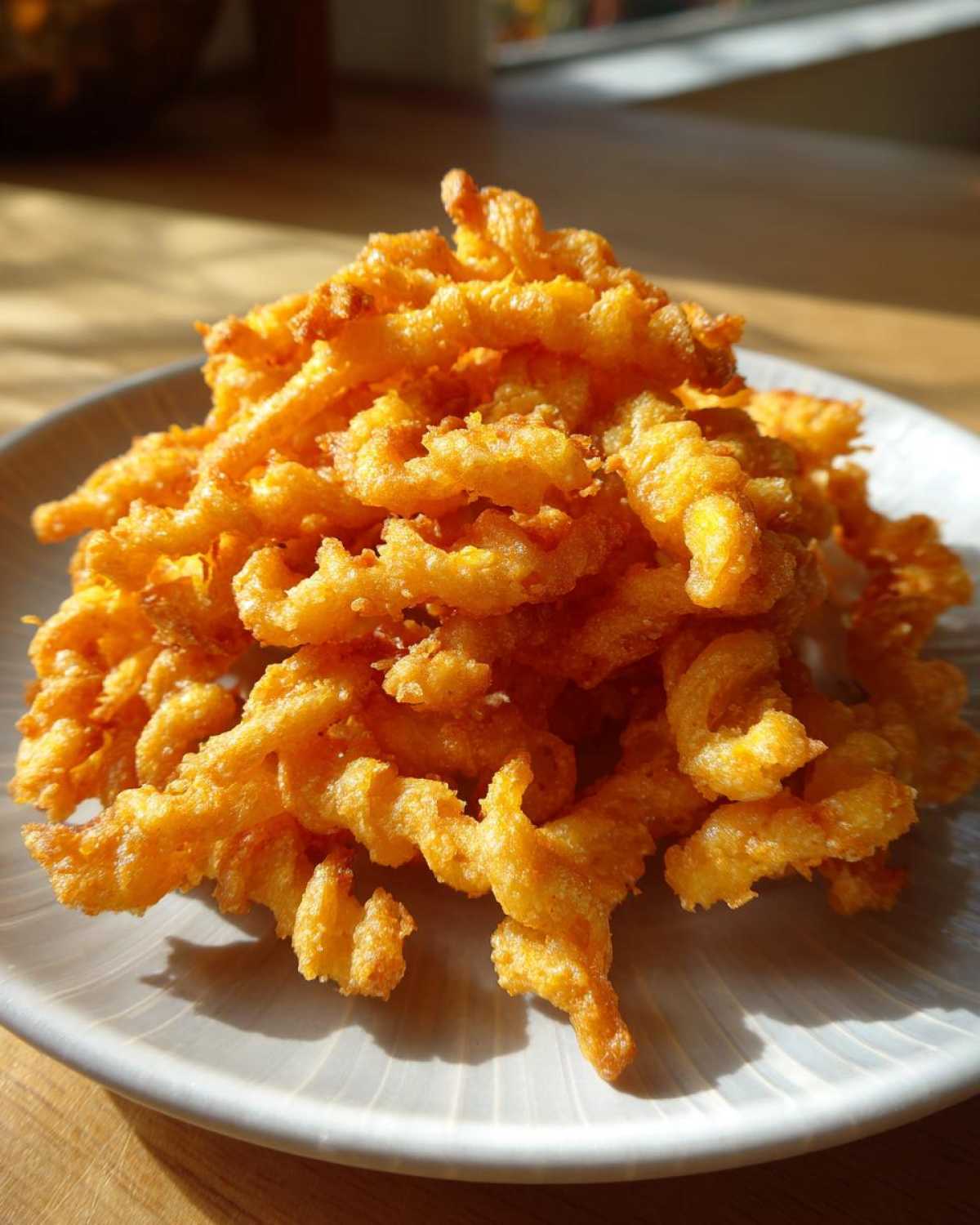 A golden mound of freshly baked, crispy cheese straws piled high on a light gray plate.