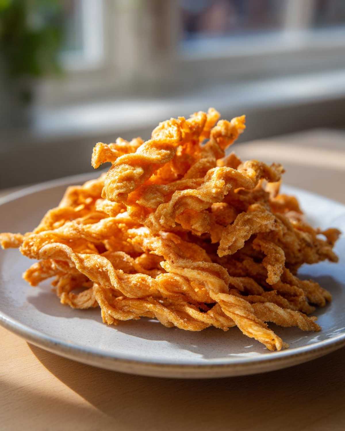 A close-up of a pile of golden, crispy, twisted cheese straws stacked on a light gray plate.