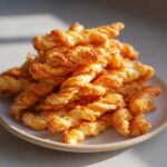 A close-up of a mound of golden, flaky, and crispy cheese straws piled high on a light ceramic plate.
