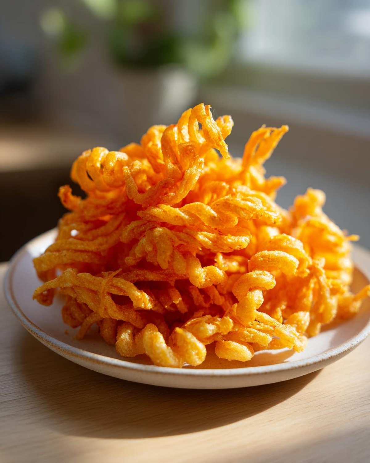A pile of bright orange, crispy, spiral-shaped cheese straws served on a small white plate.